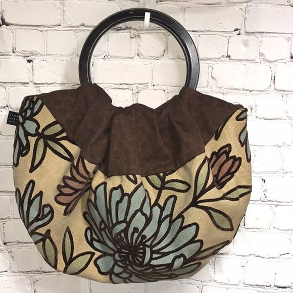 Lisa Lill Embroidery Handbag W/Wooden Handle Browns and blues - Picture 7 of 9